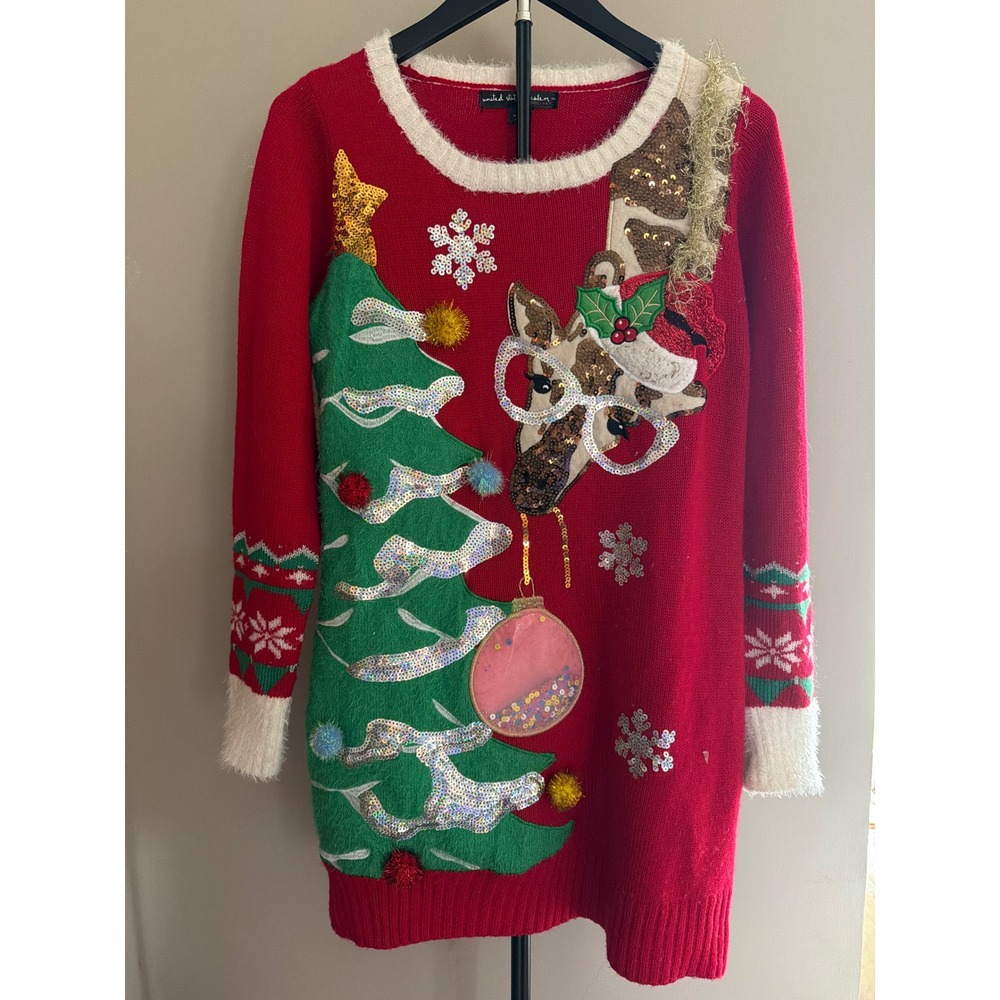 United States Sweaters Holiday Giraffe Christmas Tree Sequin Sweater Dress Small